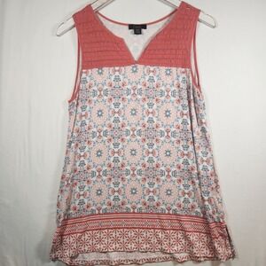 Dalia Womens Medallion Print Sleeveless Tank Top Coral Blue Smocked Yoke Medium